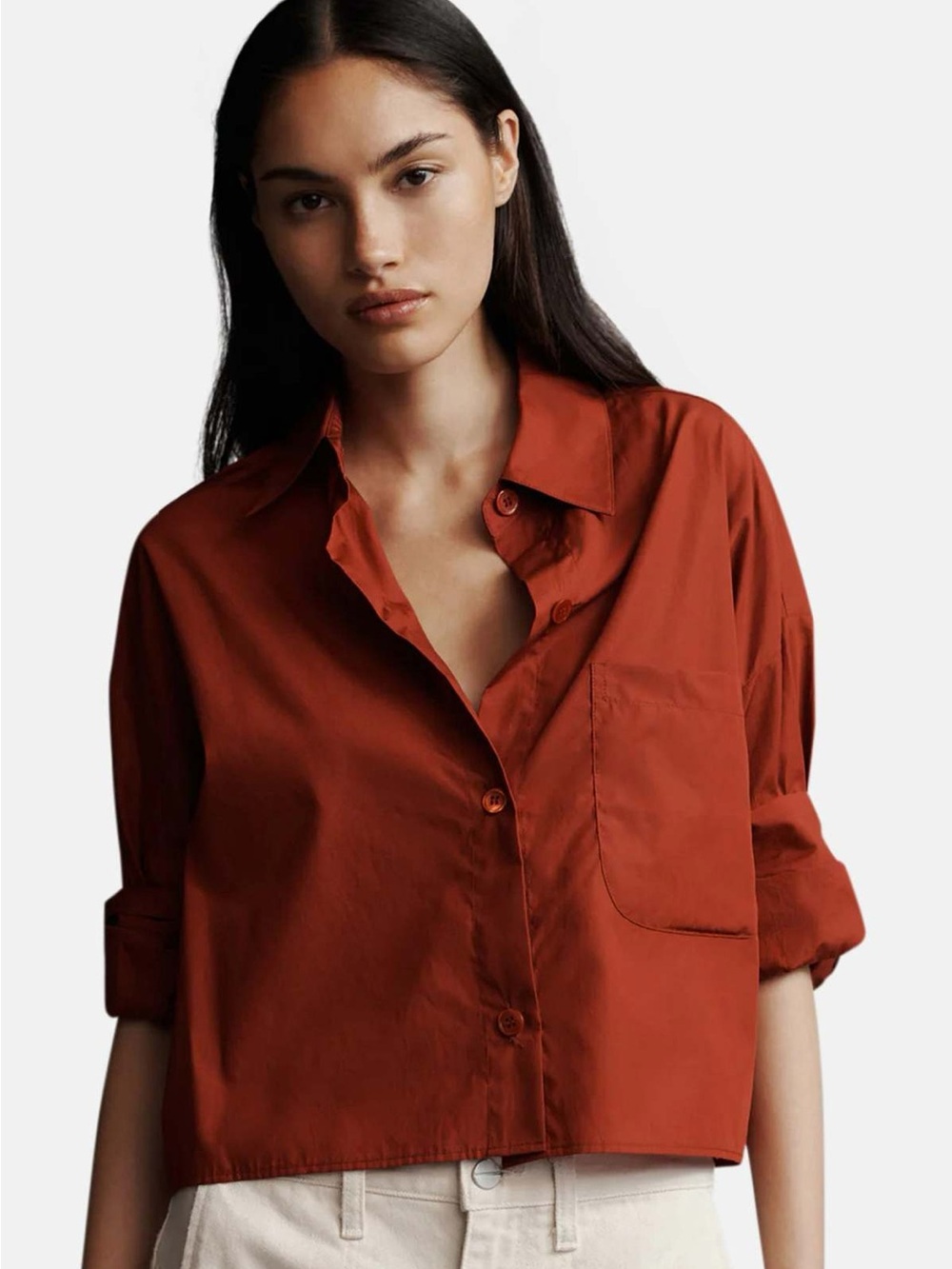 Cropped Button-Down Shirt in Deep Rust